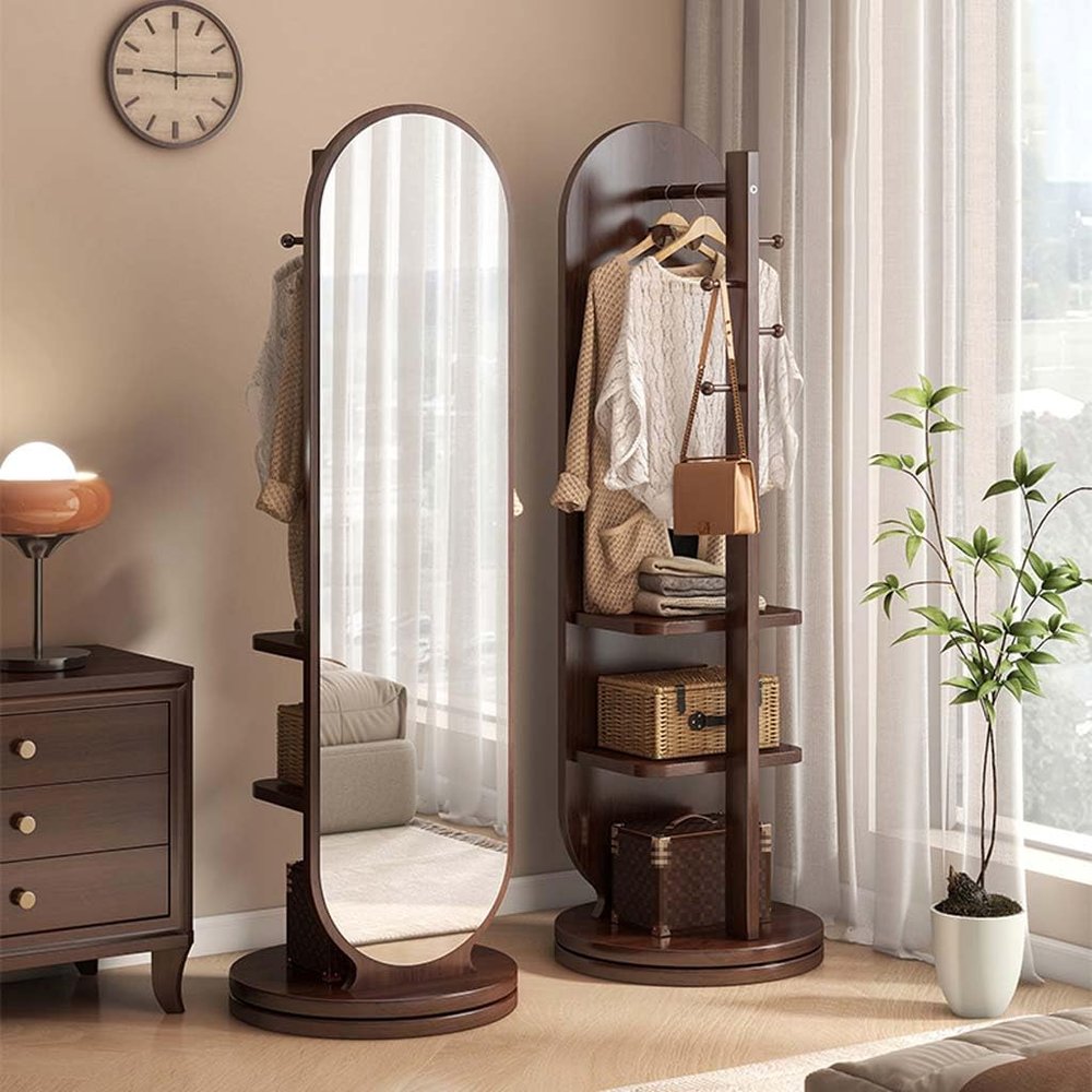 360 Rotating Full Body Mirror, 2-in-1 Solid Wood Dress Mirror and Coat Rack, Standing Floor Mirror for Bedroom, Living Room, Hallway