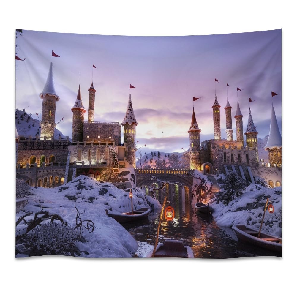 Winter Castle Fantasy Tapestry Magical Snow Landscape Wall Hanging Fairy Tale Christmas Decor Nordic Snowy Palace Scenic Art for Living Room Bedroom Holiday Home 30x40inch