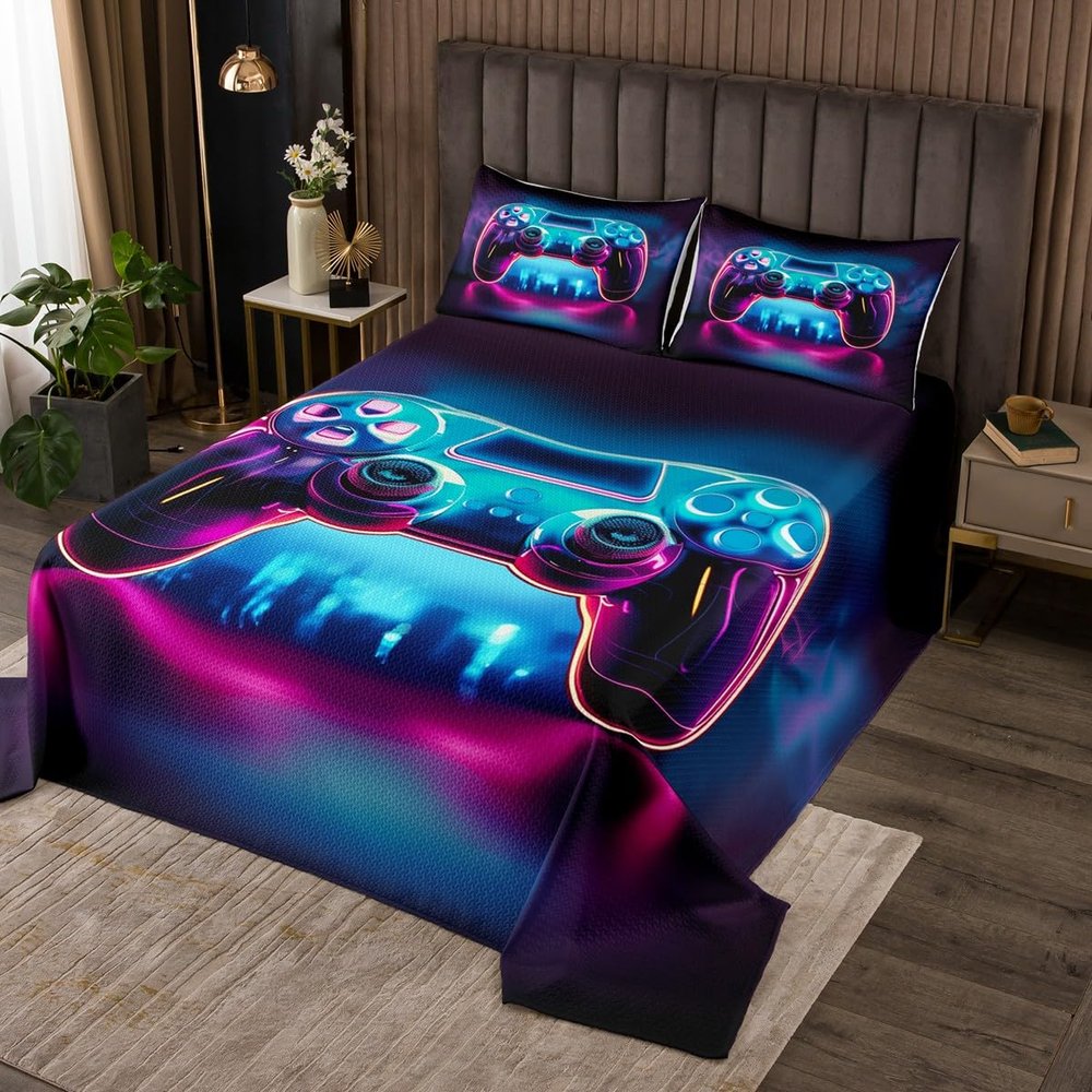 jejeloiu Gamer Bedspread 3 Pieces King Size Gaming Coverlet Set Soft Cozy Game Room Decor Lightweight Quilted Coverlet for All Season with 2 Pillowcases