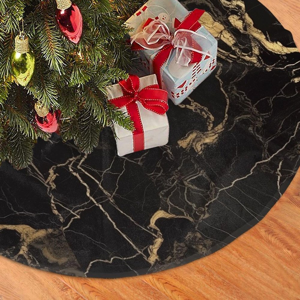 Christmas Tree Skirt 30" Gold Black Marble Xmas Tree Skirt Ornaments, Winter Soft Plush Christmas Tree Mat Cover Rustic Xmas Tree Collar for Family Holiday Party Decorations