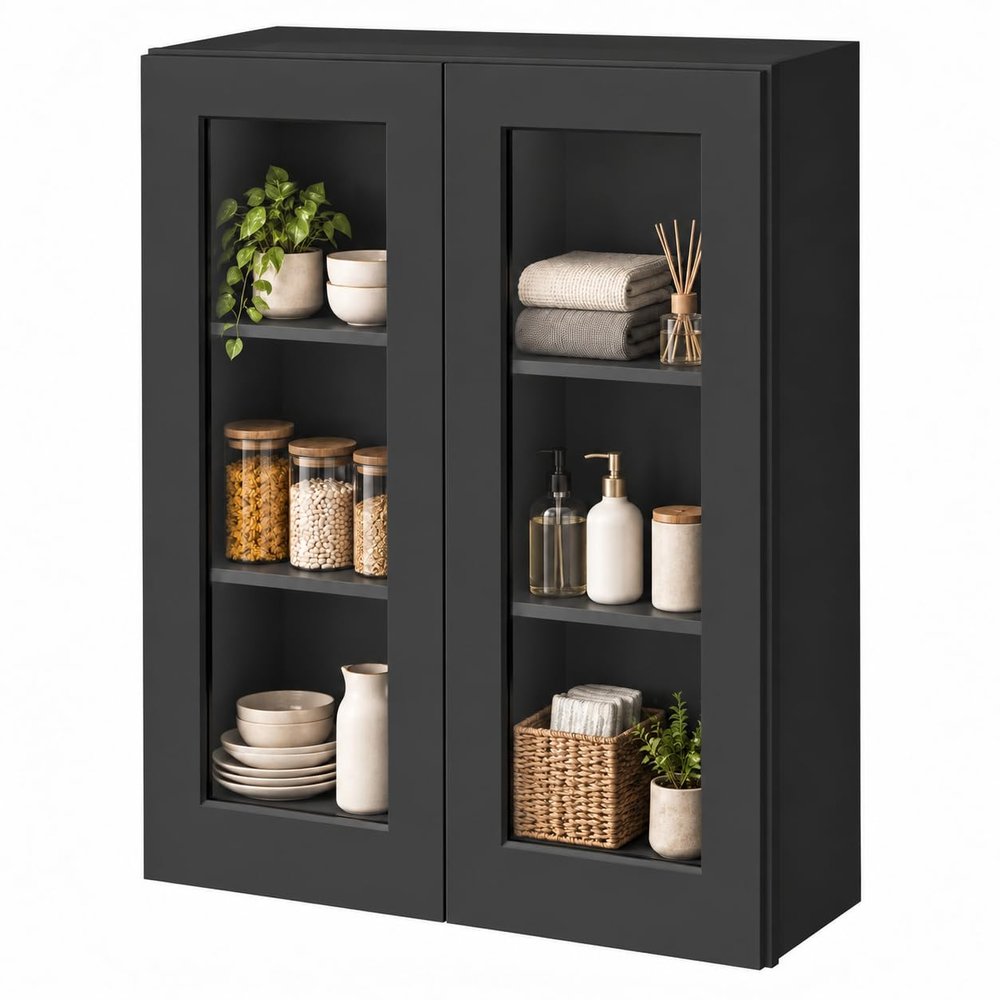 HCIOAN Solid Wood Double Door Wall Cabinet, Customizable Glass Door Wall-Mounted Storage for Kitchen, Bathroom, Living Room Office Glass Insert Not Included (SK-Charcoal Black, 24" W x 12" D x 36" H)