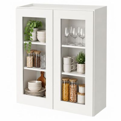 HCIOAN Solid Wood Double Door Wall Cabinet, Customizable Glass Door Wall-Mounted Storage for Kitchen, Bathroom, Living Room Office Glass Insert Not Included (SK-Origami White, 30" W x 12" D x 42" H)