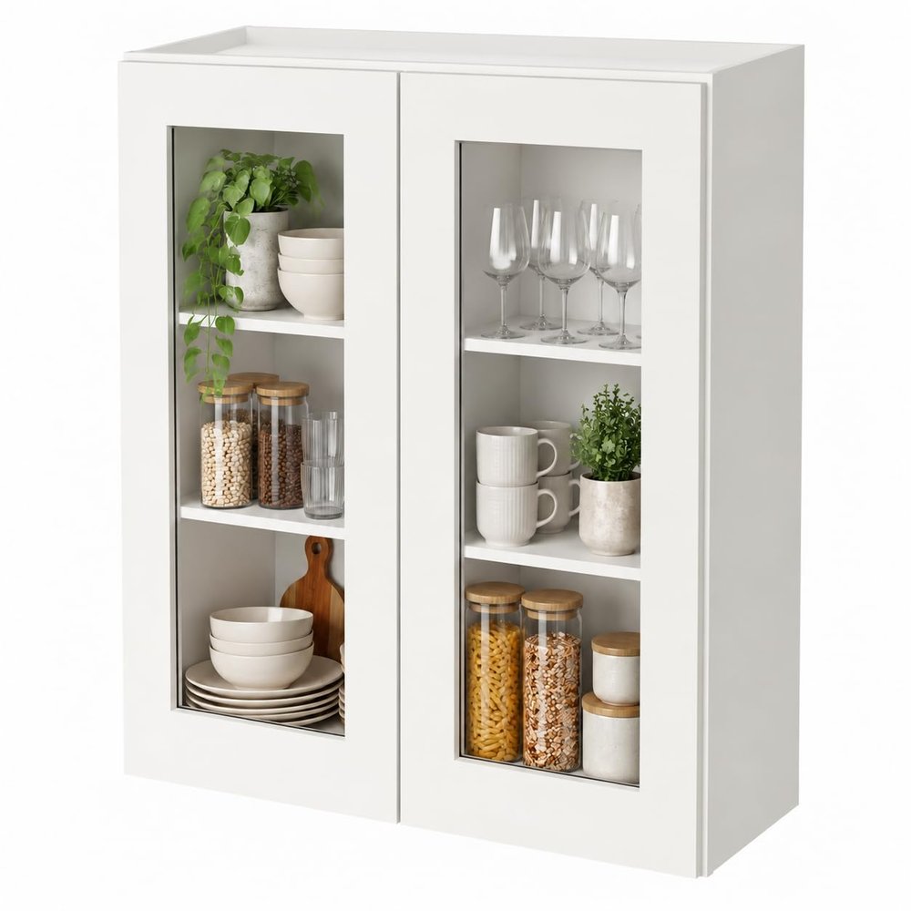 HCIOAN Solid Wood Double Door Wall Cabinet, Customizable Glass Door Wall-Mounted Storage for Kitchen, Bathroom, Living Room Office Glass Insert Not Included (SK-Origami White, 30" W x 12" D x 42" H)