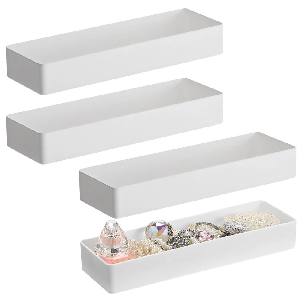 Tressify Plastic Drawer Organizers, 4 Large Trays, White Stackable Storage, For Desk, Bathroom, Office, Kitchen