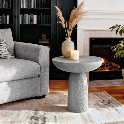 THKSHOUZ 18'' Tall Round Gray Pedestal Side Table, Modern Hourglass End Table with Stone Texture, Minimalist Faux Concrete Accent Table for Living Room, Bedroom, or Patio