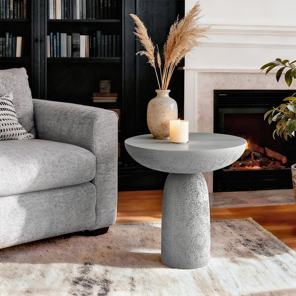 THKSHOUZ 18'' Tall Round Gray Pedestal Side Table, Modern Hourglass End Table with Stone Texture, Minimalist Faux Concrete Accent Table for Living Room, Bedroom, or Patio