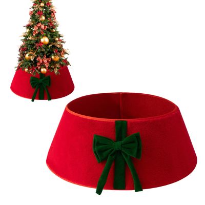 Christmas Tree Collar with Bow, Rustic White Red Tree Ring Christmas Skirt Decorations for Holiday Indoor Home Party Decor