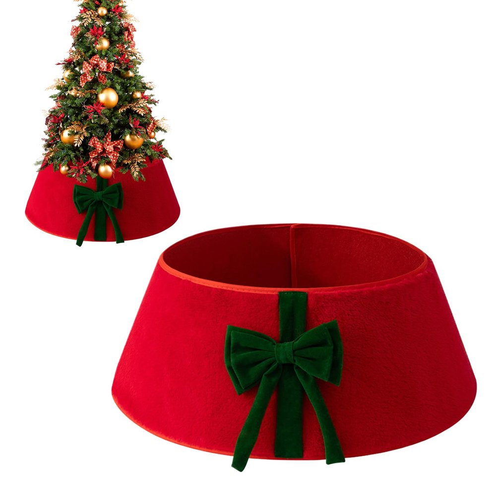 Christmas Tree Collar with Bow, Rustic White Red Tree Ring Christmas Skirt Decorations for Holiday Indoor Home Party Decor