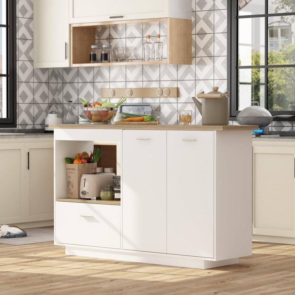 AIEGLE Kitchen Island with Expandable Countetop, 2-Door Large Kitchen Islands with Drawer & Open Storage Compartment, 59.1" W Wood Grain Island Table with Adjustable Shelf, White & Oak