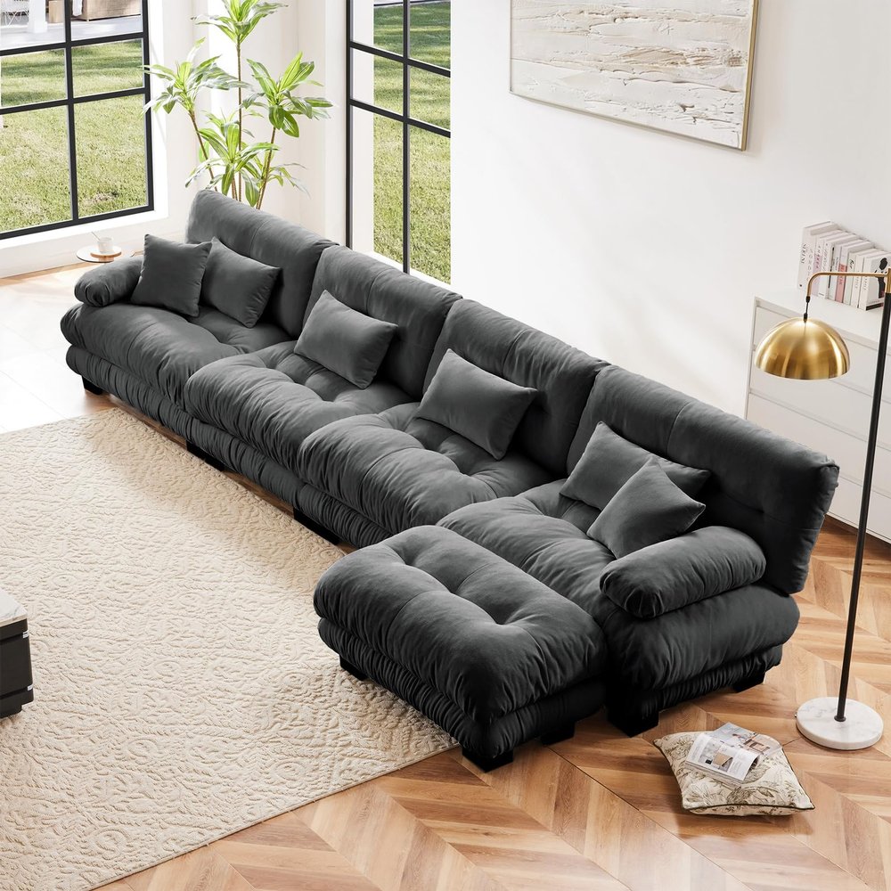 173.2" Oversized L Shaped Couch, Chenille Modular Sectional Sofa, 4 Seater Deep Seat Sofa with Movable Ottoman, Modern Cloud Couch with Thick Seat Cushion, Sectional Couches for Living Room, Gray