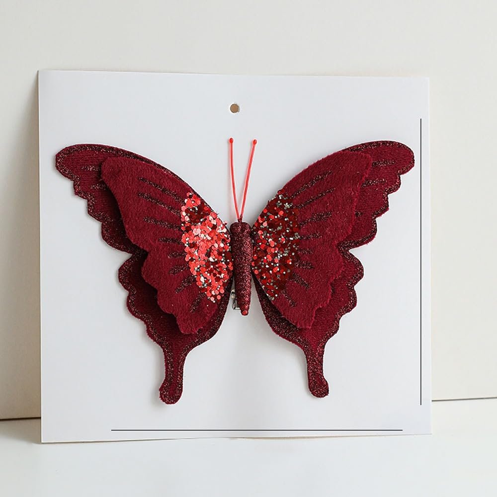 1pc 3D Glitter Christmas Butterfly Ornaments with Clip,Hanging Butterfly for Christmas Tree Decoration(Wine Red)