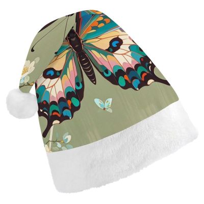FodPand Ancient Butterfly Santa Hat Christmas Hats Comfort Plush Xmas Holiday Hat for Adults New Year Festive Party Headwear