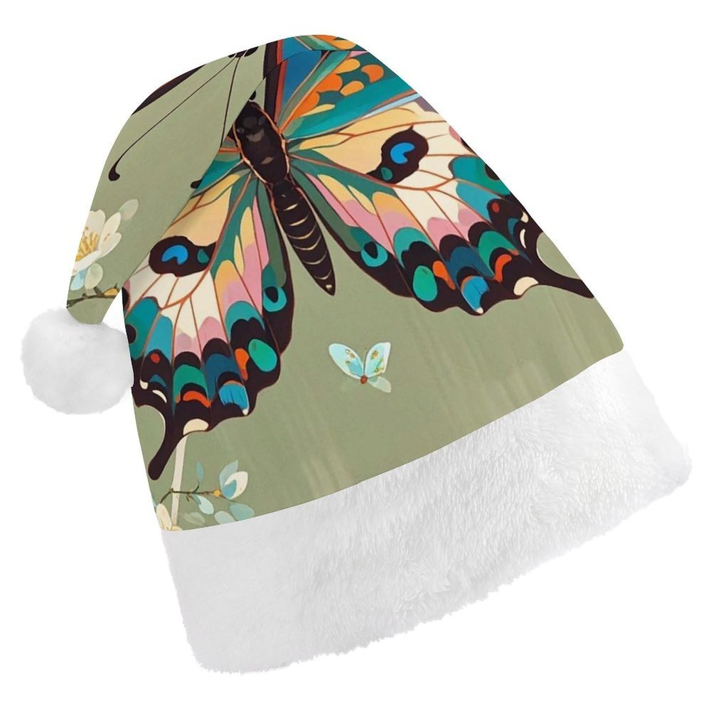 FodPand Ancient Butterfly Santa Hat Christmas Hats Comfort Plush Xmas Holiday Hat for Adults New Year Festive Party Headwear