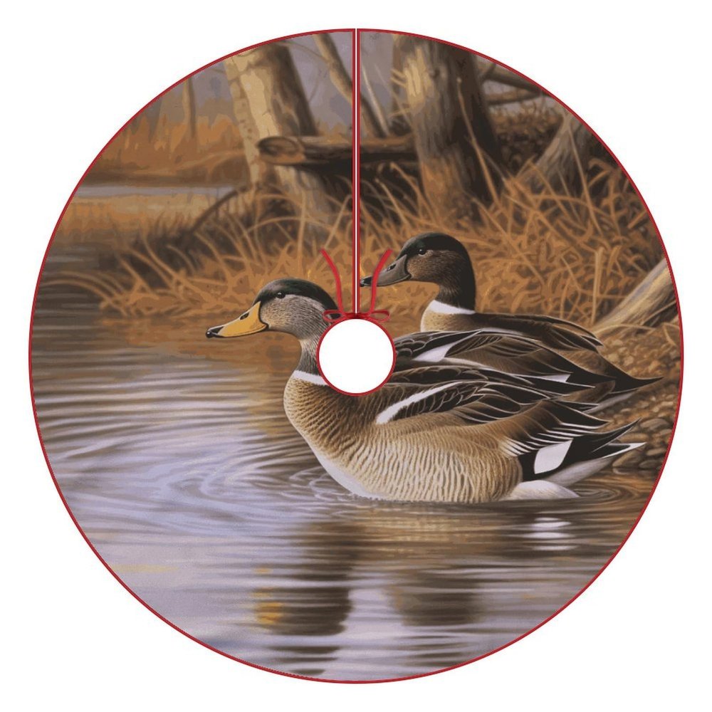 Christmas Tree Skirt Ornaments 30"x30" Xmas Tree Skirt with Stitched Edges Winter Holiday Mallard Ducks Tree Mat Base Cover for New Year Party Decor Home Indoor Outdoor Decorations