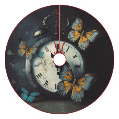 Christmas Tree Skirt Ornaments 30"x30" Xmas Tree Skirt with Stitched Edges Winter Holiday Clock Butterfly Tree Mat Base Cover for New Year Party Decor Home Indoor Outdoor Decorations