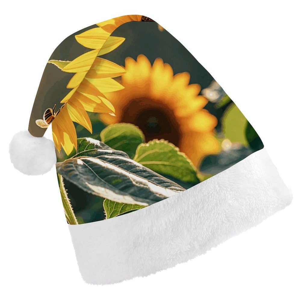 FodPand Bee & Sunflowers Santa Hat Christmas Hats Comfort Plush Xmas Holiday Hat for Adults New Year Festive Party Headwear