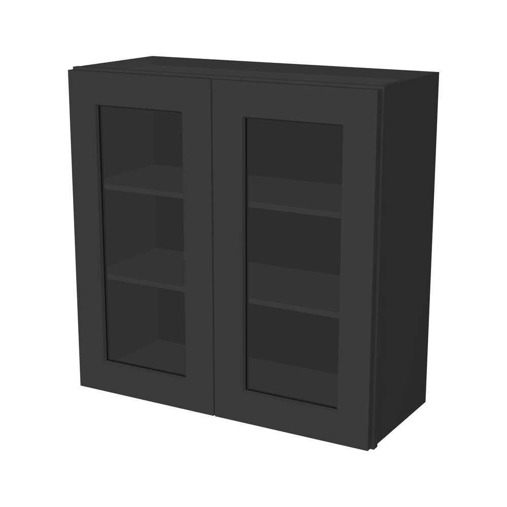HCIOAN Solid Wood Double Door Wall Cabinet, Customizable Glass Door Wall-Mounted Storage for Kitchen, Bathroom, Living Room Office Glass Insert Not Included (SK-Charcoal Black, 36" W x 12" D x 30" H)