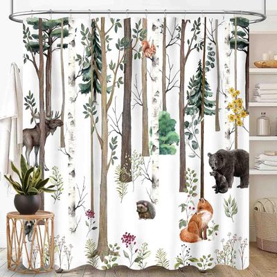 TKUYO Woodland Nursery Shower Curtain for Bathroom, Rustic Forest Animals Watercolor Wild Safari Animals Bear Fox Deer Lodge Cottage Waterproof Fabric for Shower Curtain Set with Hooks, 72"x84" Inch