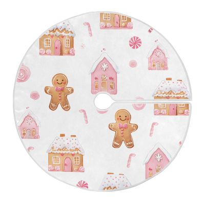 EFEWOI Christmas Tree Skirt 35 Inch, Pastel Pink Gingerbread House Candy Xmas Tree Skirts Round Tree Mat for Indoor Outdoor Holiday Party Home Decorations