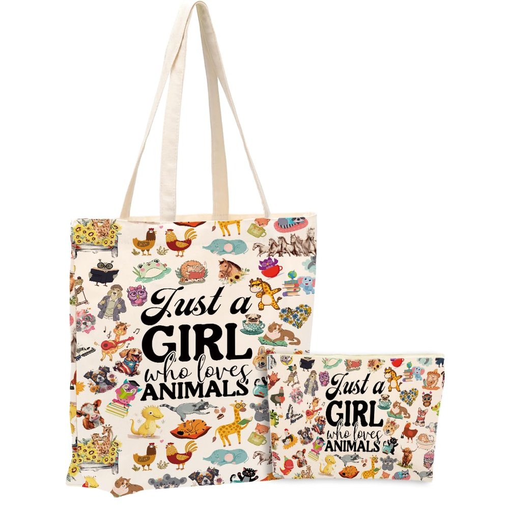 Animal Lovers Gifts Cute Animal Accessories Stuff Canvas Tote Bag with Makeup Bag Gifts for Women Girls Sister Friend Birthday Nurse Mothers Christmas Weekender Beach Shopping Bags for Work Office