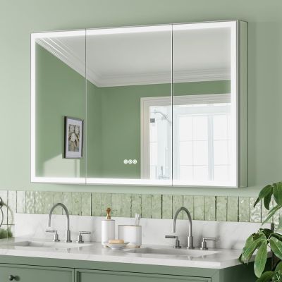 TIFULLHOME Tempered-Mirror Medicine Cabinet with Lights 48x32 Inch, Modern Edge-Lit Strip, Plug-in or Hardwired, Anti-Fog/3 Colors/Dimmable, 2 Outlets & USBs, ETL Listed, Surface Mount or Recessed