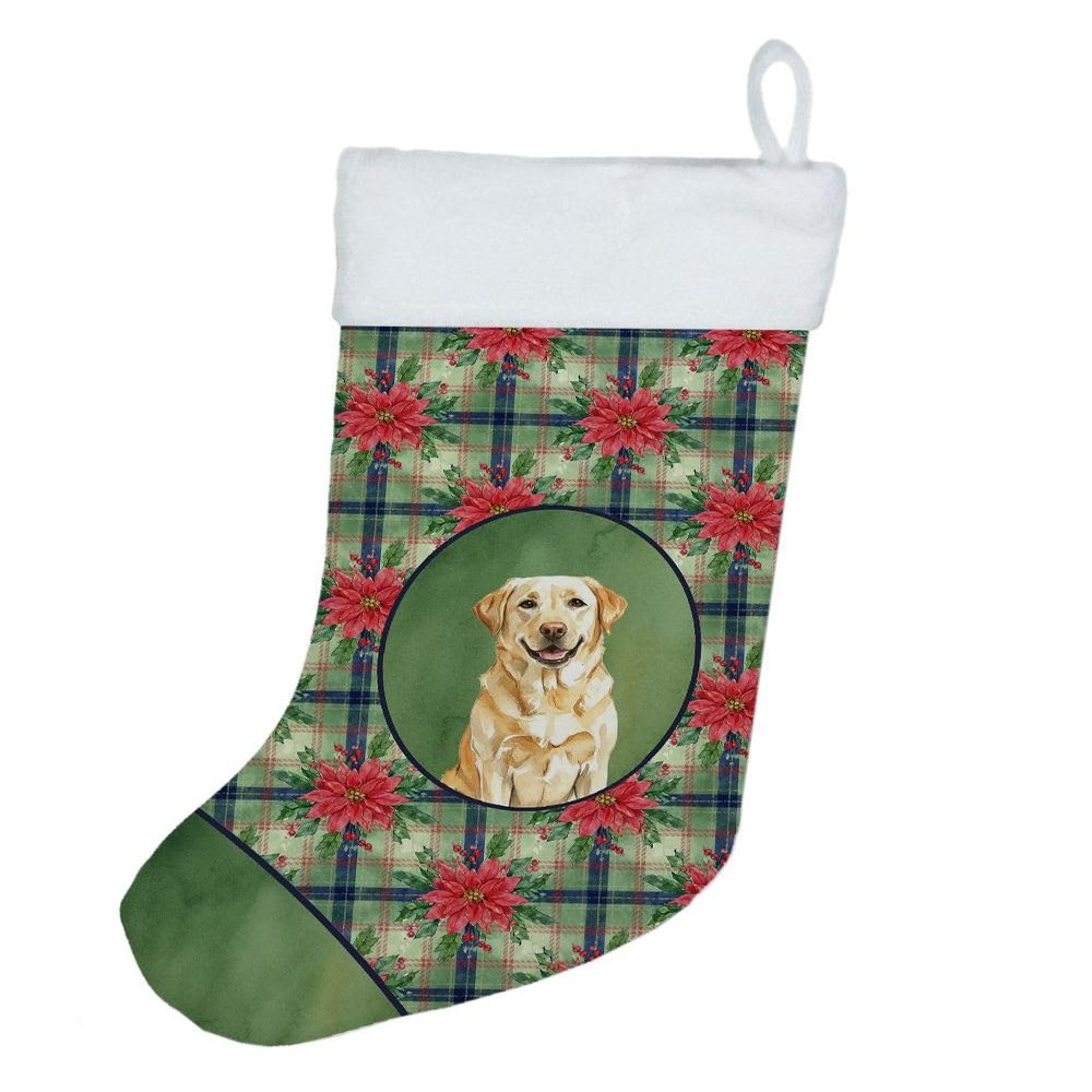 Caroline's Treasures Yellow Labrador Retriever Christmas Poinsettas Holiday Stocking Double-Sided Print, Polyester Suede,11x18, Made in USA