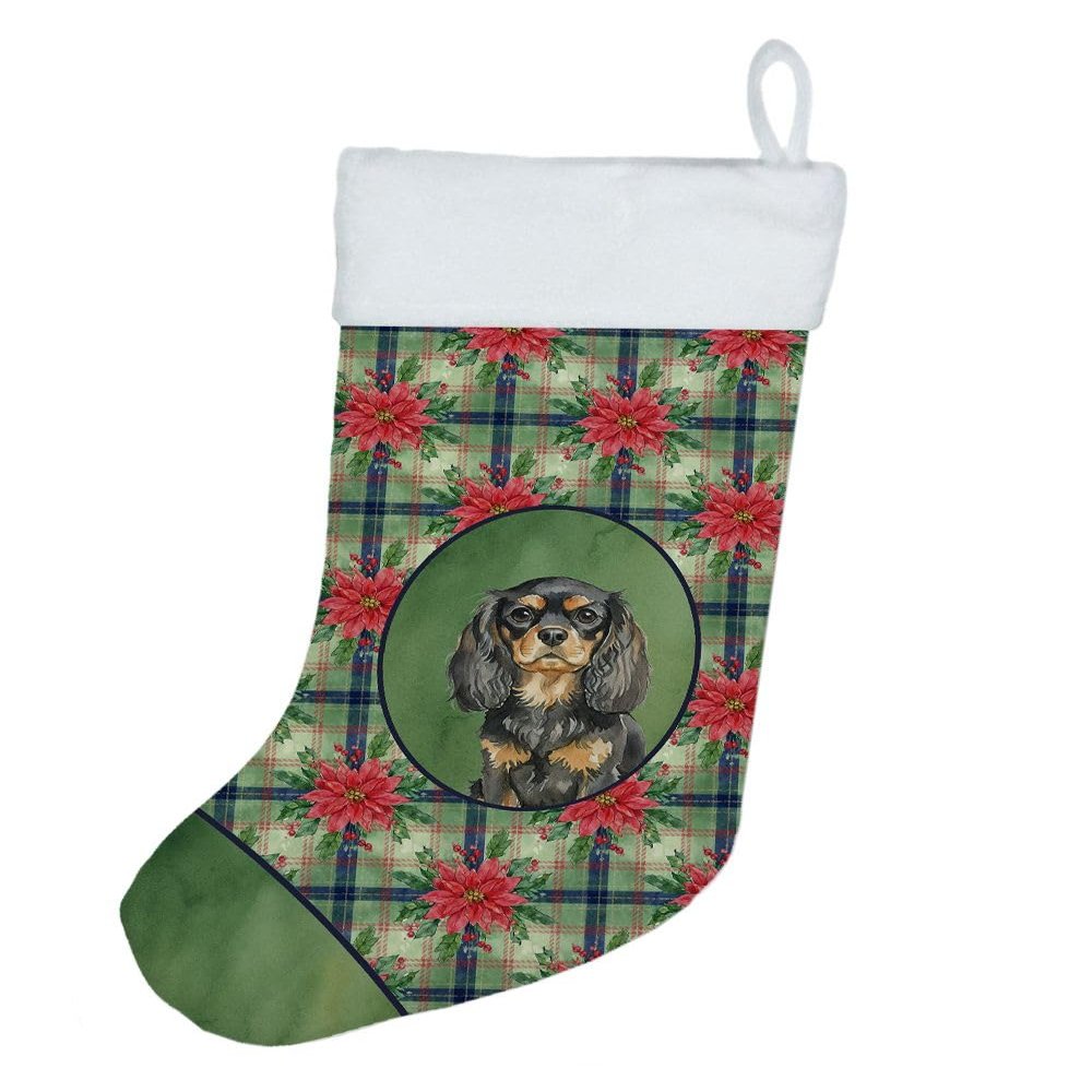 Caroline's Treasures Black and Tan English Toy Spaniel Christmas Poinsettas Holiday Stocking Double-Sided Print, Polyester Suede,11x18, Made in USA