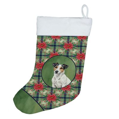 Caroline's Treasures White with Black Markings Russell Terrier Christmas Poinsettas Holiday Stocking Double-Sided Print, Polyester Suede,11x18, Made in USA