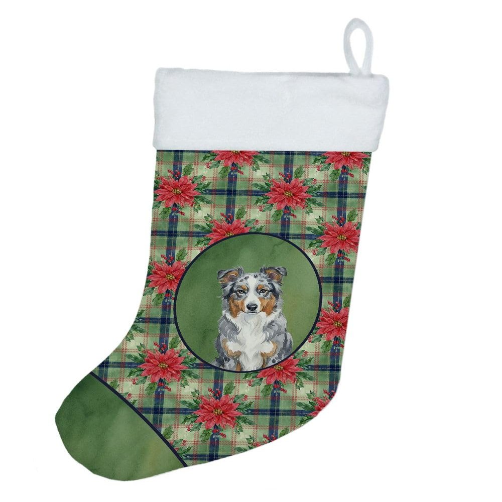 Caroline's Treasures Blue Merle American Shepherd Christmas Poinsettas Holiday Stocking Double-Sided Print, Polyester Suede,11x18, Made in USA