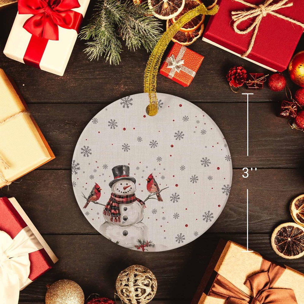 2025 Christmas Ornament Xmas Tree Hanging Accessories, Merry Christmas Snowman Red Bird Xmas Tree Round Ceramic Ornaments for Holiday Party Home Decor Snowflake Holly on Burlap Flax