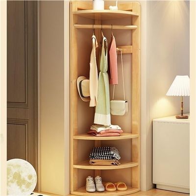 Wood Corner Coat Rack with Storage Shelf Clothing Garment Racks with Storage for Entryway Living Room Space Saver(Natural)