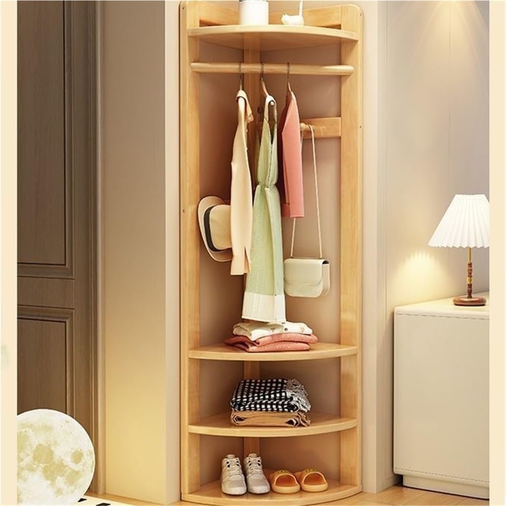Wood Corner Coat Rack with Storage Shelf Clothing Garment Racks with Storage for Entryway Living Room Space Saver(Natural)
