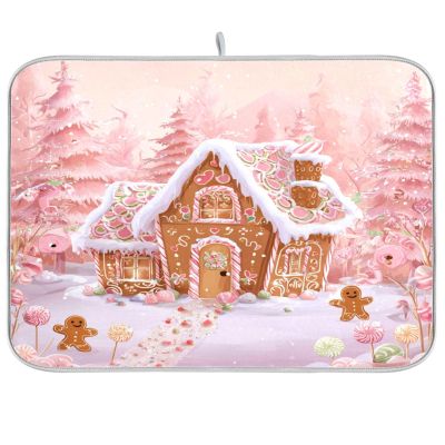 Boccsty Pink Christmas Tree Gingerbread House Dish Drying Mat for Counter Drying Kitchen Mats Coffee Bar Mats for Countertops Dishes Utensils Sinks 16 x 18 IN