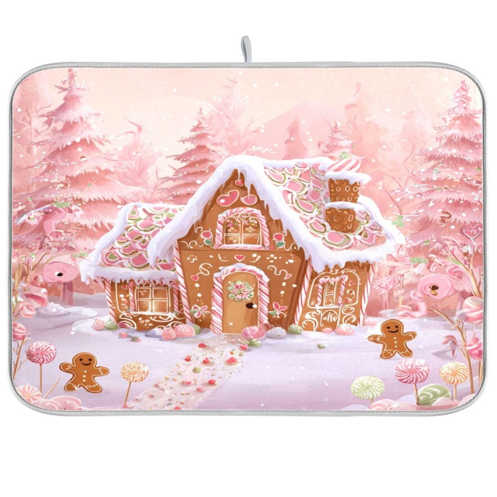 Boccsty Pink Christmas Tree Gingerbread House Dish Drying Mat for Counter Drying Kitchen Mats Coffee Bar Mats for Countertops Dishes Utensils Sinks 16 x 18 IN