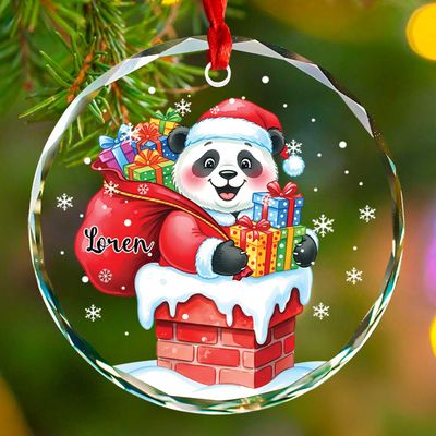 2026 Personalized Panda Christmas Glass Ornament, Adorable Santa Claus Panda Climbing Chimney Christmas Tree Ornament, Gift for Kids Animal Lovers, Custom Name Animal Xmas Ornaments Keepsake