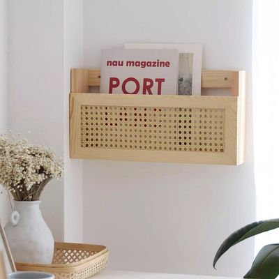 FIXED UP FINDS for FIRADE Wood Magazine Wall Rack with PE Rattan Grid,Size 17.3 X 4 X 9.4 File H