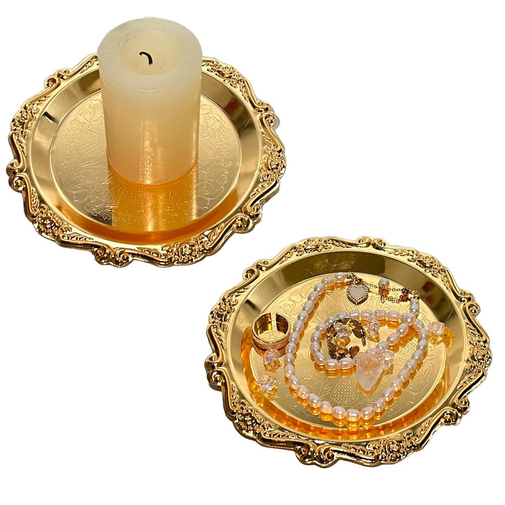 cachiv Pillar Candle Holder Set of 2 Jewelry Dish Ring Holder Candle Stand Decorative Metal Plate Vanity Tray for Weding Home Decor (Gold)