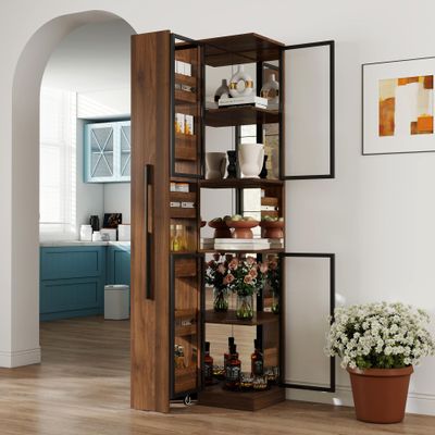 cattino 70" Lighted Display Cabinet with Glass Doors, Adjustable LED Lights, Multi-Tier Pull-Out Shelves, Wooden Storage Display Cabinet for Living Room, Dining Room, or Study - Walnut Finish