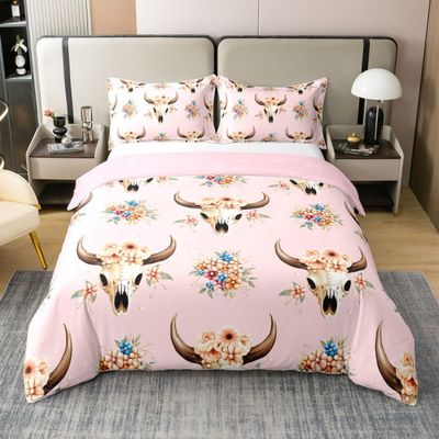 100% Cotton Cow Skull King Duvet Cover 3 Pcs Southwestern Style Animal Skull Bedding Set for Kids Teens Adults Vintage Flowers Decor Boho Exotic Comforter Cover,2 Pillowcases(No Comforter)
