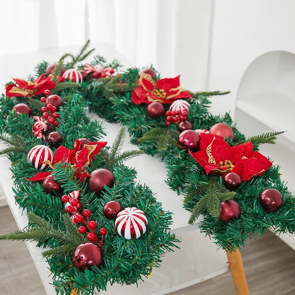 1.8m/5.9ft Artificial Christmas Mantel Wreath,Winter Evergreen Christmas Tree Wreath,Suitable for Tables,Windows,Stairs,Mantels,Holidays,Indoor/Outdoor Use(Garland 2,No Light)