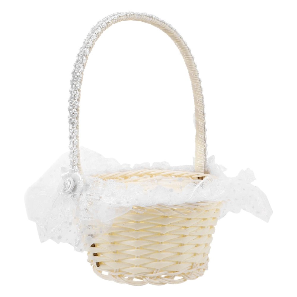 Handheld Flower Basket with Handle White Plastic Cloth Wedding