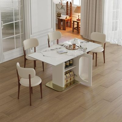 63" Modern Dining Table for 4-6 People, Kitchen Table with Storage Shelf & Acrylic Door Cabinet, Sintered Stone Tabletop with Golden Solid Wood Base (White + Sintered Stone-2)
