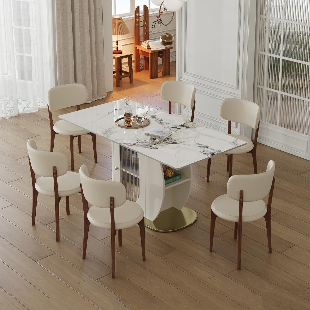 63" Modern Dining Table for 4-6 People, Kitchen Table with Storage Shelf & Acrylic Door Cabinet, Sintered Stone Tabletop with Golden Solid Wood Base (White + Sintered Stone-3)