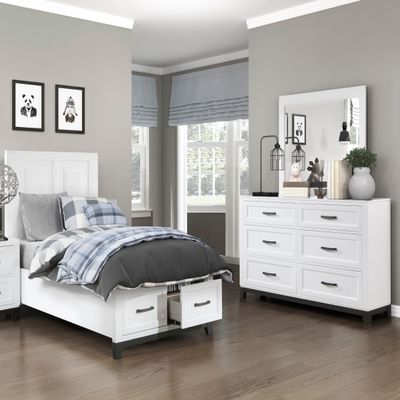 3-Pc Set Bedroom Twin Size White Platform Bed w Footboard Drawers Wooden Rustic Style Furniture
