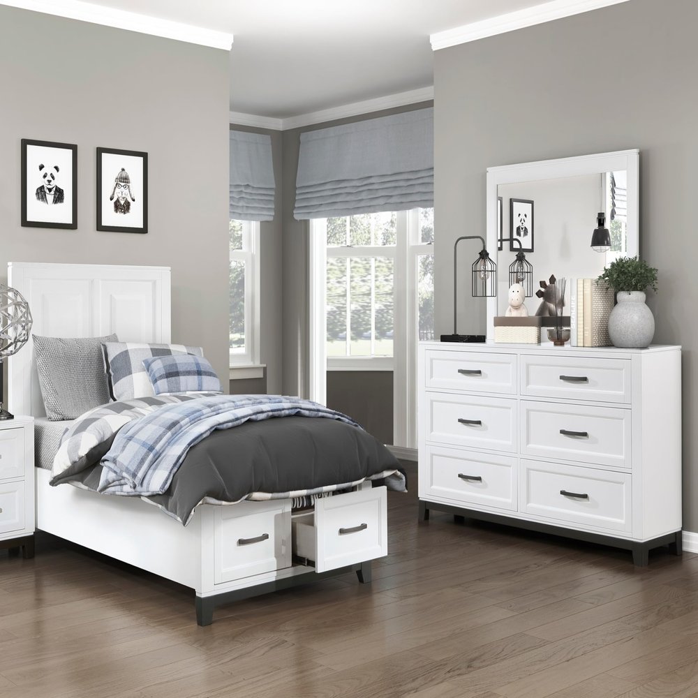 3-Pc Set Bedroom Twin Size White Platform Bed w Footboard Drawers Wooden Rustic Style Furniture