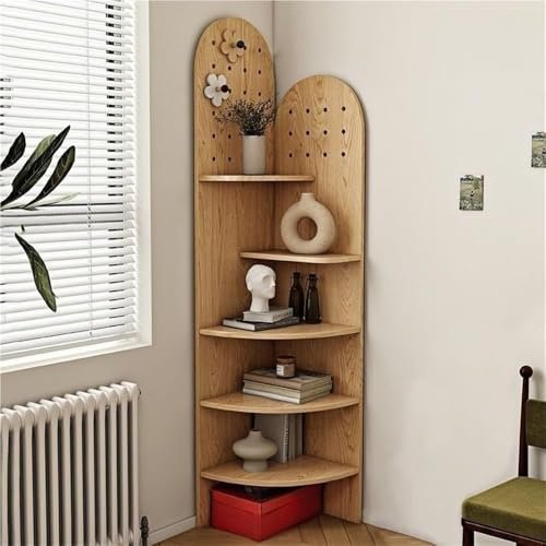 5-Tier Solid Wood Corner Shelf - Fan-Shaped Space-Saving Bookcase Display Rack for Living Room, Multi-Purpose Storage with Perforated Top Board (White)