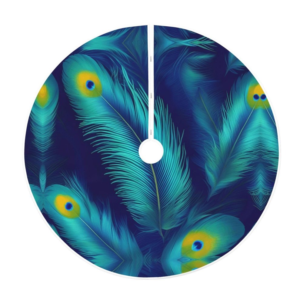 Peacock Bird Feathers Print Christmas Tree Skirt, New Year Mall Christmas Display Skirt for Home Holiday Parties