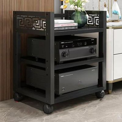 3-Tier Metal Audio Rack with Wheels, Adjustable MDF Shelves, Media Stand for Living Room, Gaming, Recording Studio - Durable Audio/Video Storage Solution