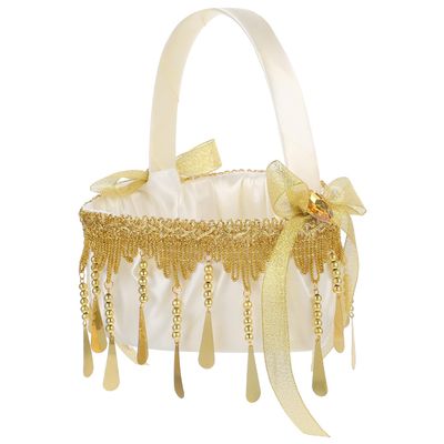 Heart Shaped Wedding Basket with Lace and Tassel, Golden Cloth