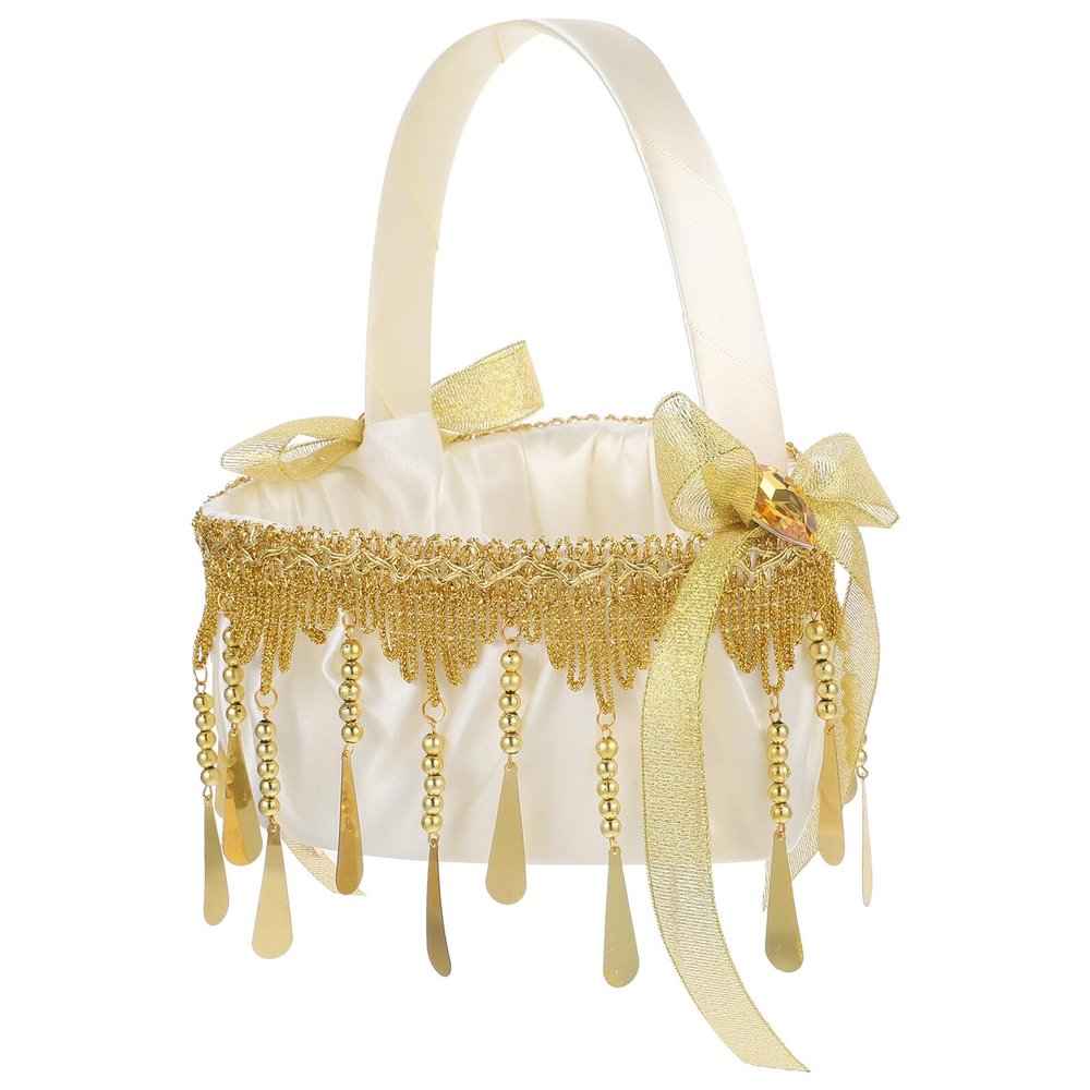 Heart Shaped Wedding Basket with Lace and Tassel, Golden Cloth